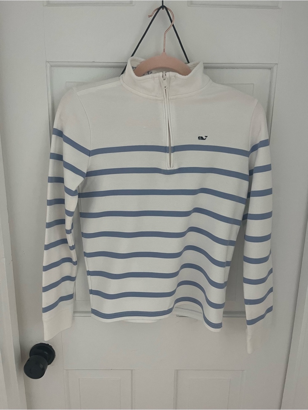 Vineyard Vines Cream Half-Zip Sweater with Light Blue Stripes